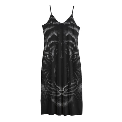Black Tiger Portrait Print Jersey Midi Cami Dress