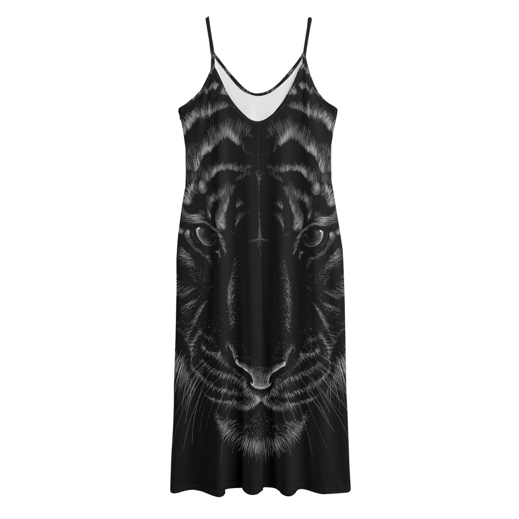Black Tiger Portrait Print Jersey Midi Cami Dress