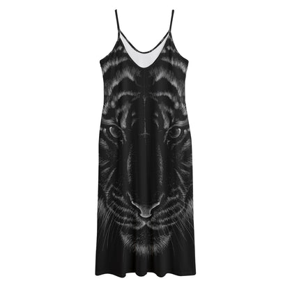 Black Tiger Portrait Print Jersey Midi Cami Dress