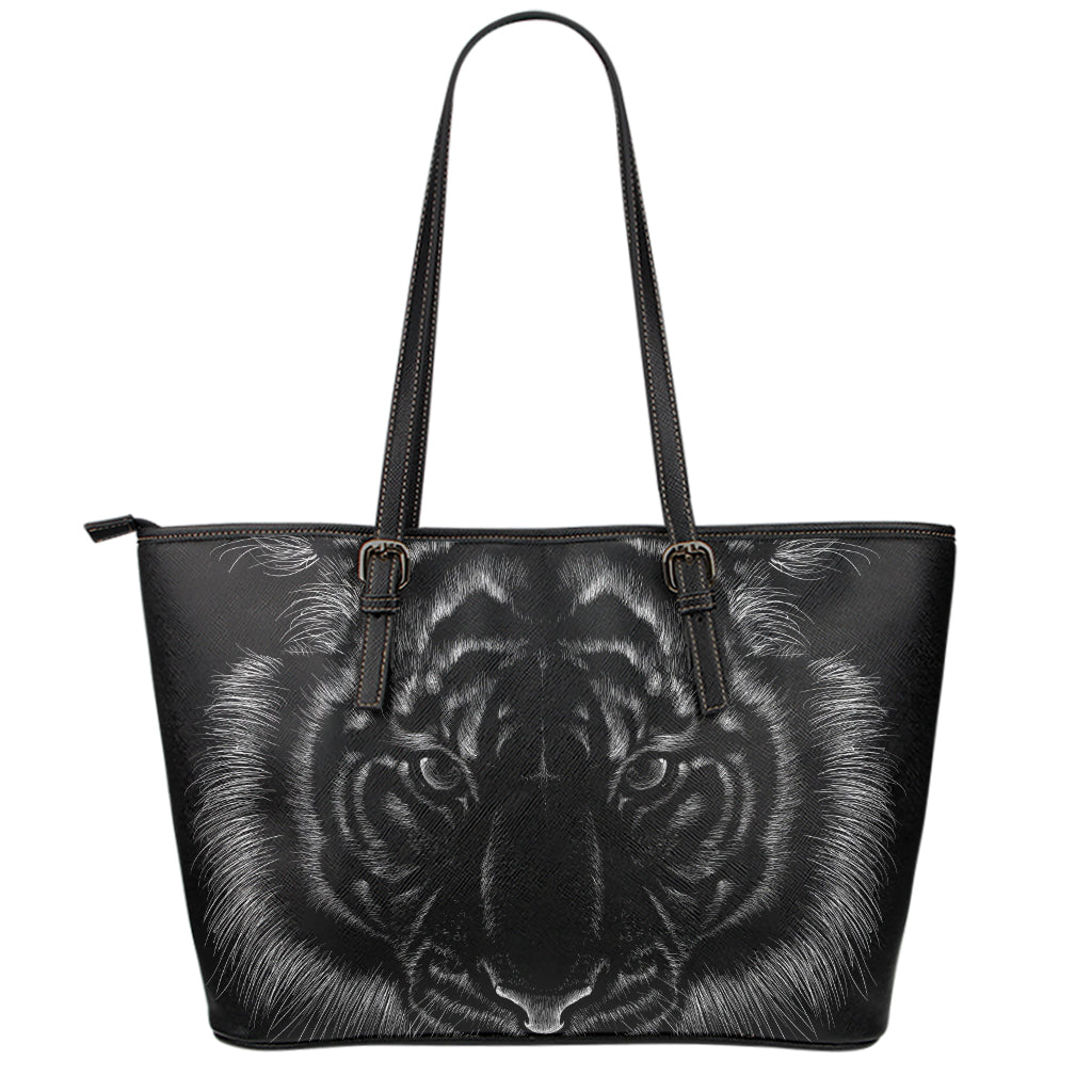 Black Tiger Portrait Print Leather Tote Bag