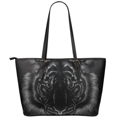 Black Tiger Portrait Print Leather Tote Bag