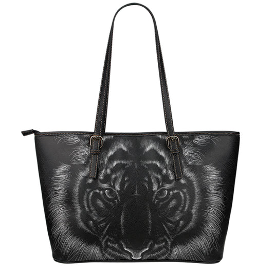 Black Tiger Portrait Print Leather Tote Bag