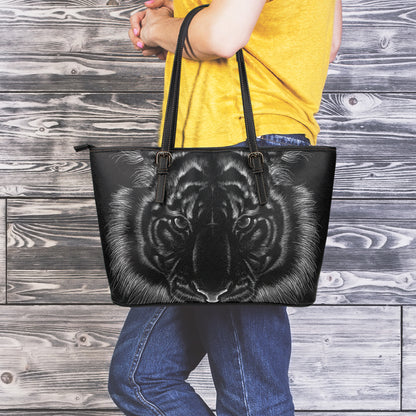 Black Tiger Portrait Print Leather Tote Bag