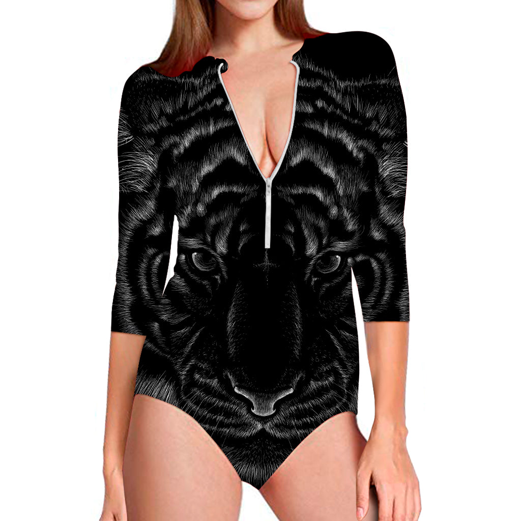Black Tiger Portrait Print Long Sleeve Swimsuit