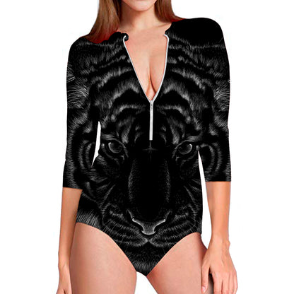 Black Tiger Portrait Print Long Sleeve Swimsuit