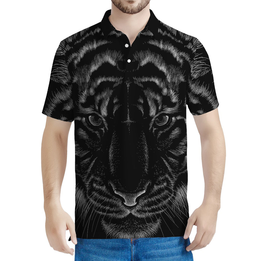 Black Tiger Portrait Print Men's Polo Shirt