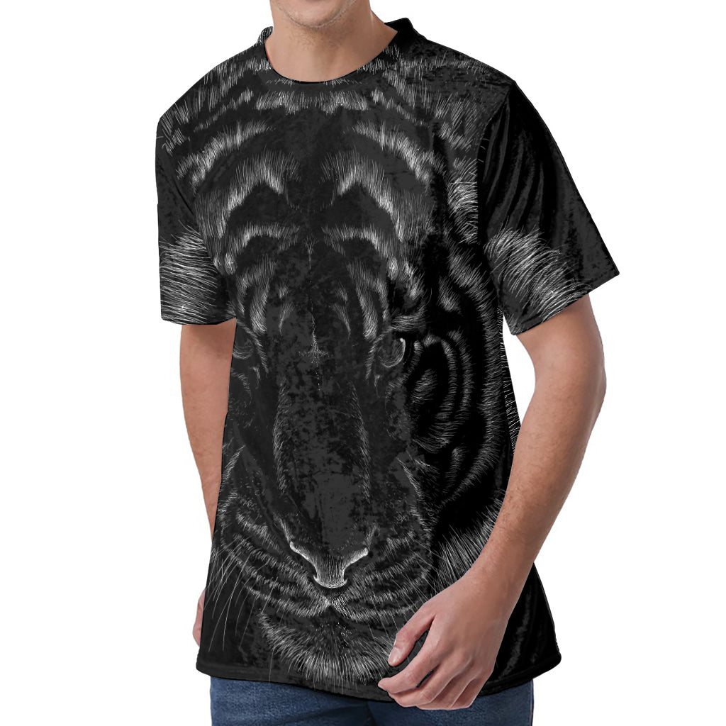 Black Tiger Portrait Print Men's Velvet T-Shirt