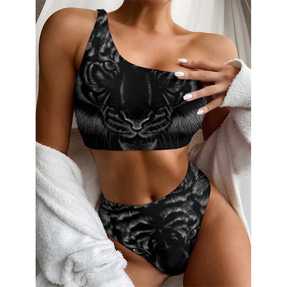 Black Tiger Portrait Print One Shoulder Bikini Top