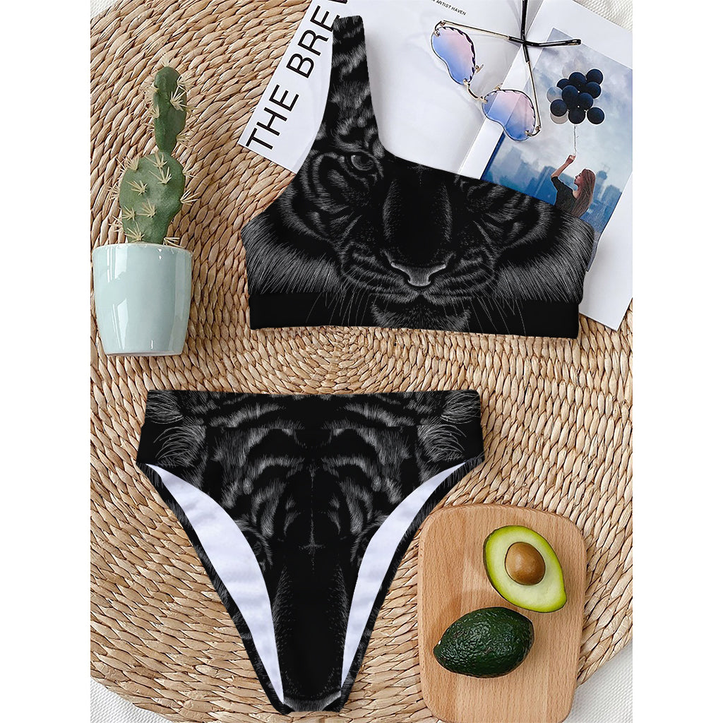 Black Tiger Portrait Print One Shoulder Bikini Top