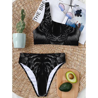 Black Tiger Portrait Print One Shoulder Bikini Top