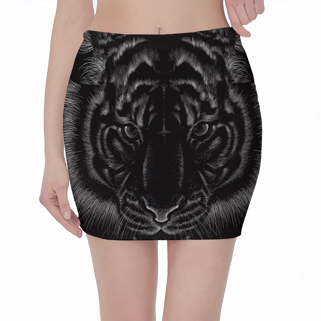 Black Tiger Portrait Print Pencil Mini Skirt