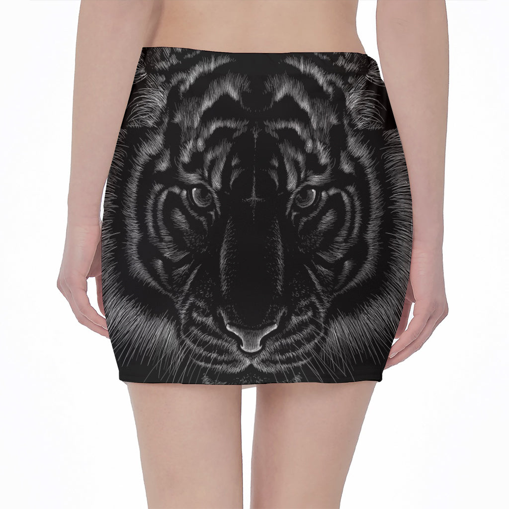 Black Tiger Portrait Print Pencil Mini Skirt