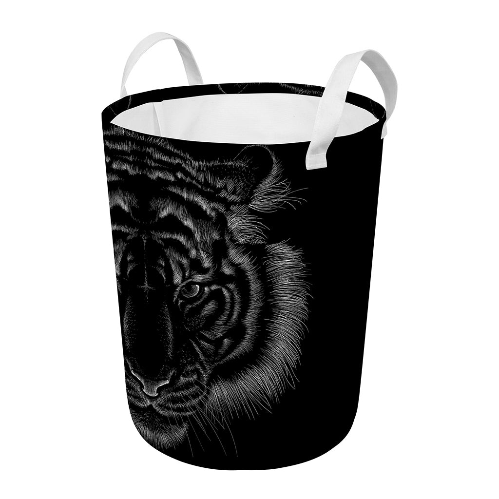Black Tiger Portrait Print Round Laundry Basket