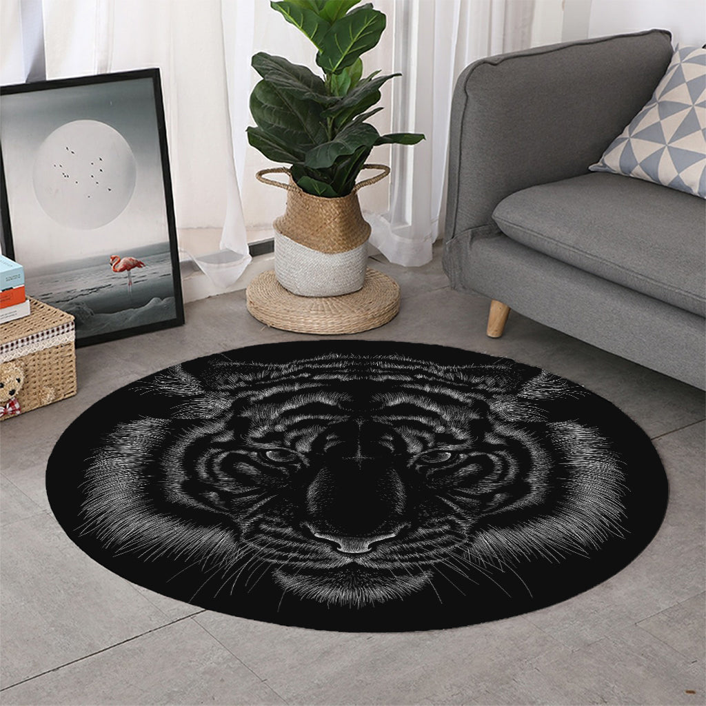 Black Tiger Portrait Print Round Rug