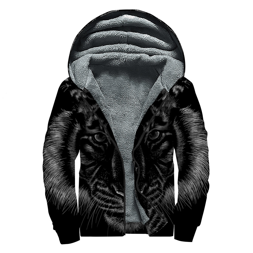 Black Tiger Portrait Print Sherpa Lined Zip Up Hoodie