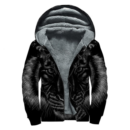 Black Tiger Portrait Print Sherpa Lined Zip Up Hoodie
