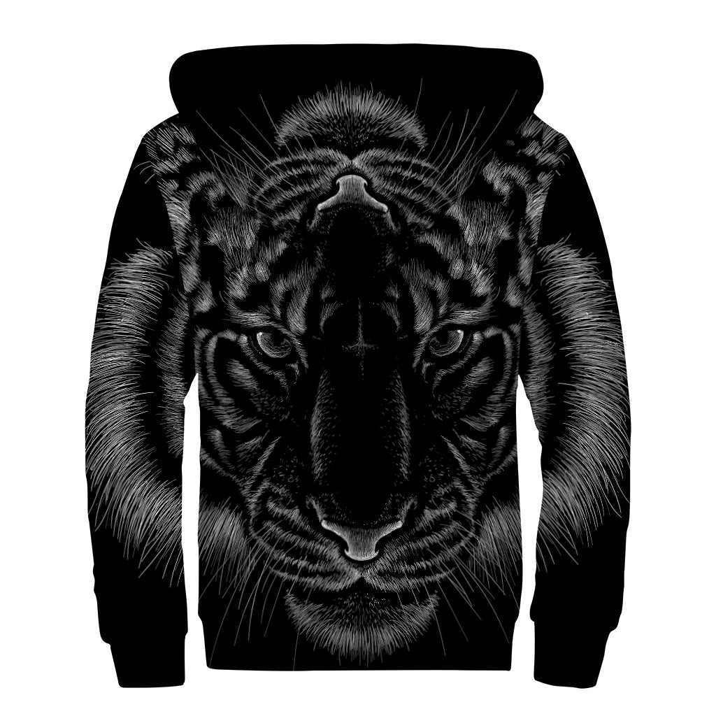 Black Tiger Portrait Print Sherpa Lined Zip Up Hoodie