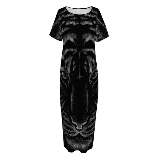 Black Tiger Portrait Print Short Sleeve Long Nightdress