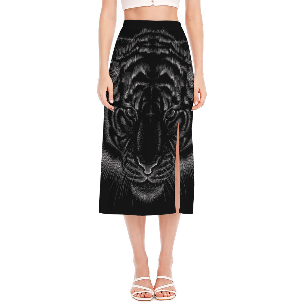 Black Tiger Portrait Print Side Slit Midi Skirt