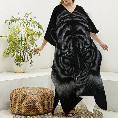 Black Tiger Portrait Print Silk V-Neck Kaftan Dress
