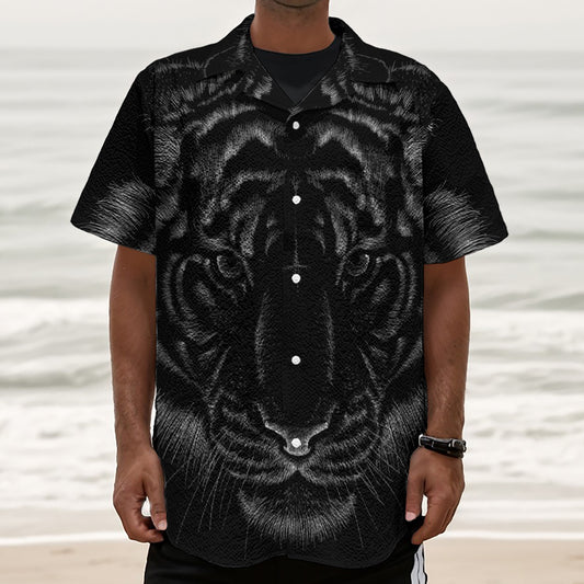 Black Tiger Portrait Print Textured Short Sleeve Shirt