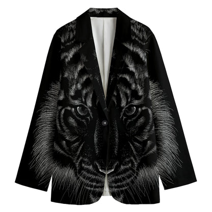 Black Tiger Portrait Print Women's Cotton Blazer