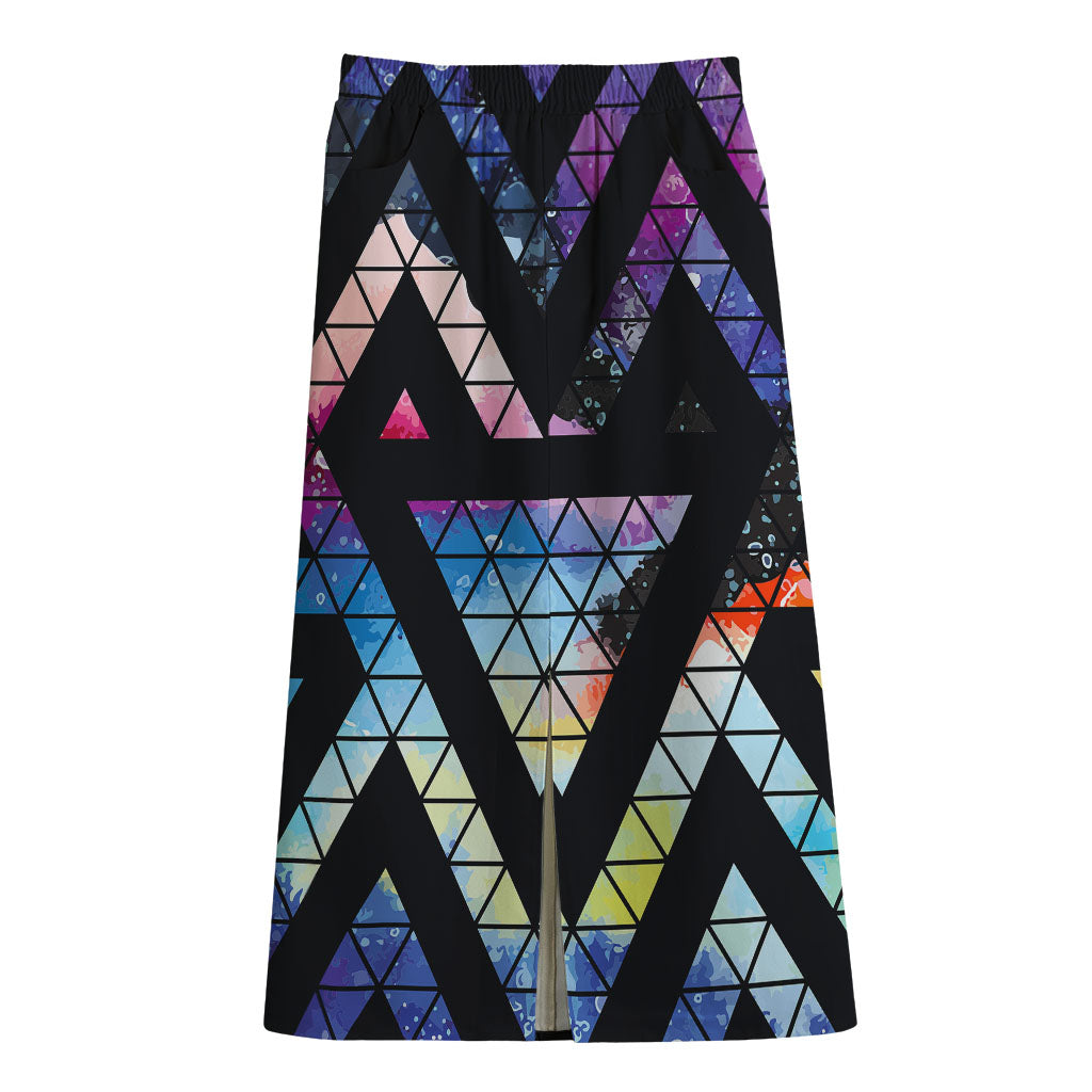 Black Triangle Galaxy Space Print Cotton Front Slit Maxi Skirt