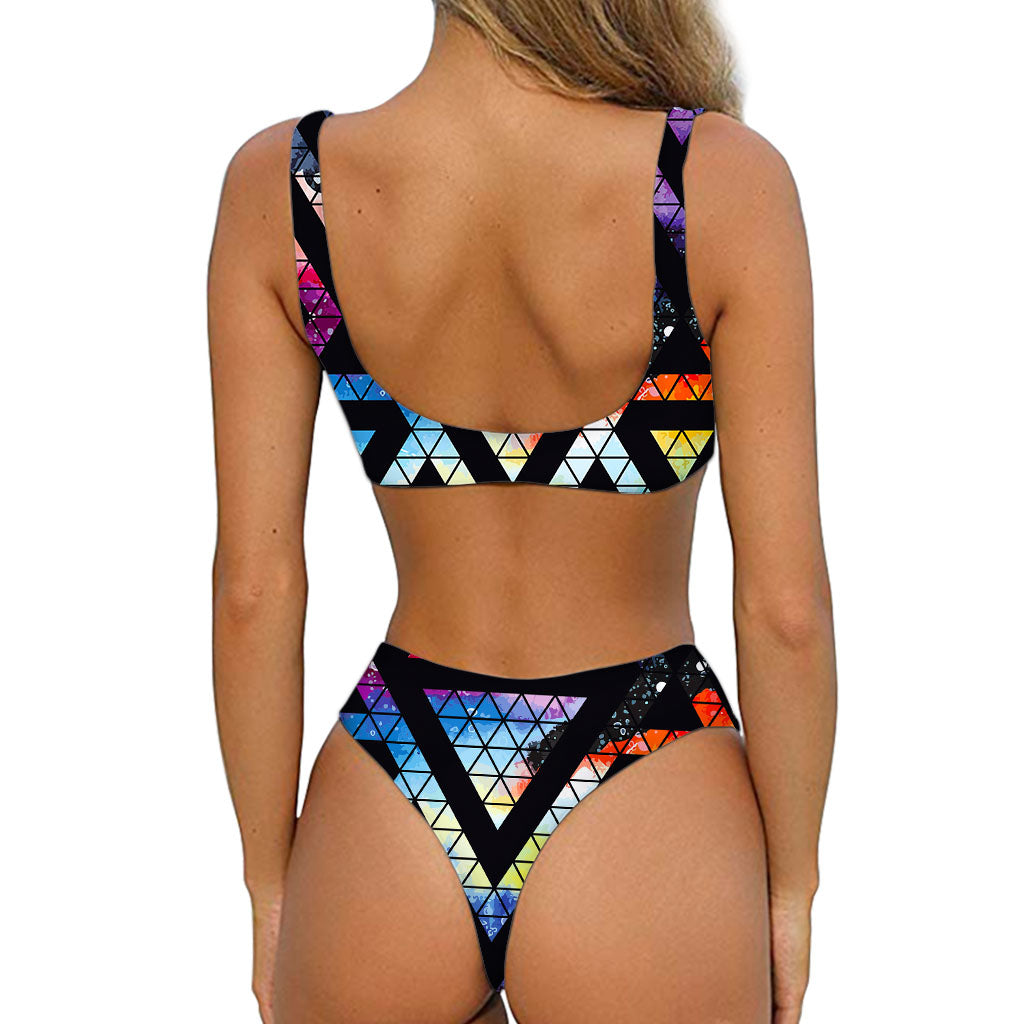 Black Triangle Galaxy Space Print Front Bow Tie Bikini