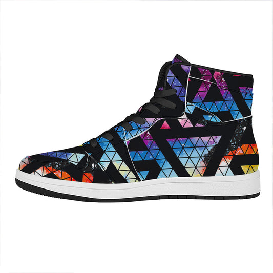 Black Triangle Galaxy Space Print High Top Leather Sneakers
