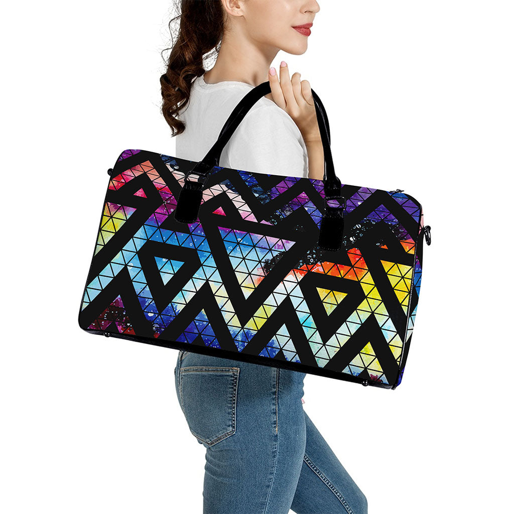 Black Triangle Galaxy Space Print Leather Duffle Bag