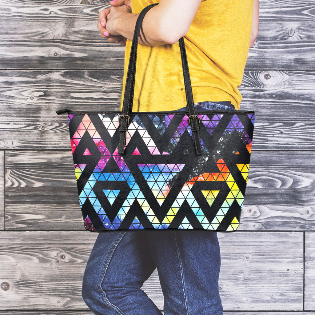 Black Triangle Galaxy Space Print Leather Tote Bag
