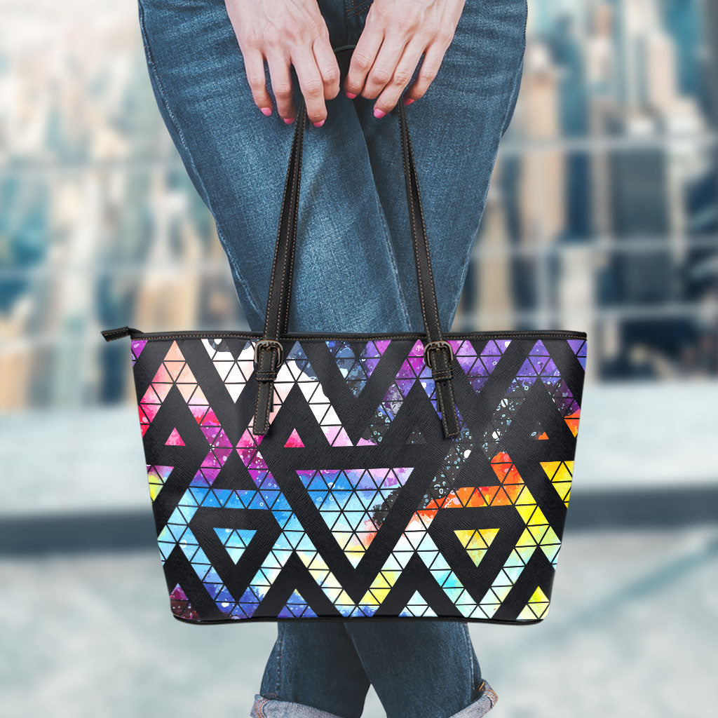 Black Triangle Galaxy Space Print Leather Tote Bag