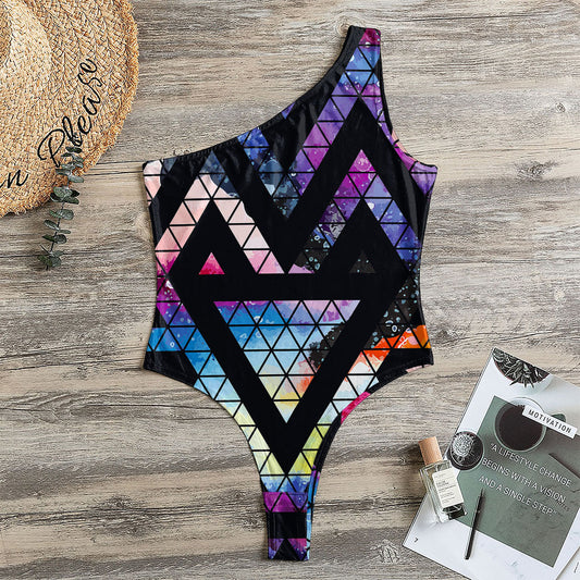 Black Triangle Galaxy Space Print One Shoulder Bodysuit