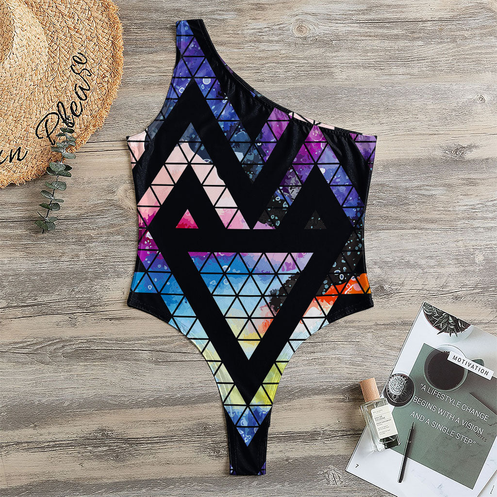 Black Triangle Galaxy Space Print One Shoulder Bodysuit