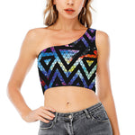 Black Triangle Galaxy Space Print One Shoulder Crop Top