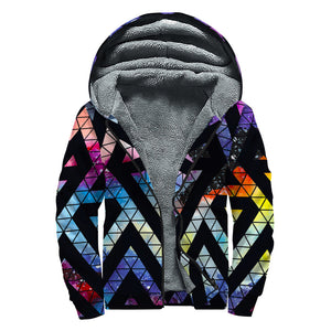 Black Triangle Galaxy Space Print Sherpa Lined Zip Up Hoodie