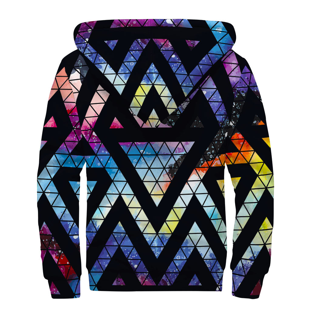 Black Triangle Galaxy Space Print Sherpa Lined Zip Up Hoodie