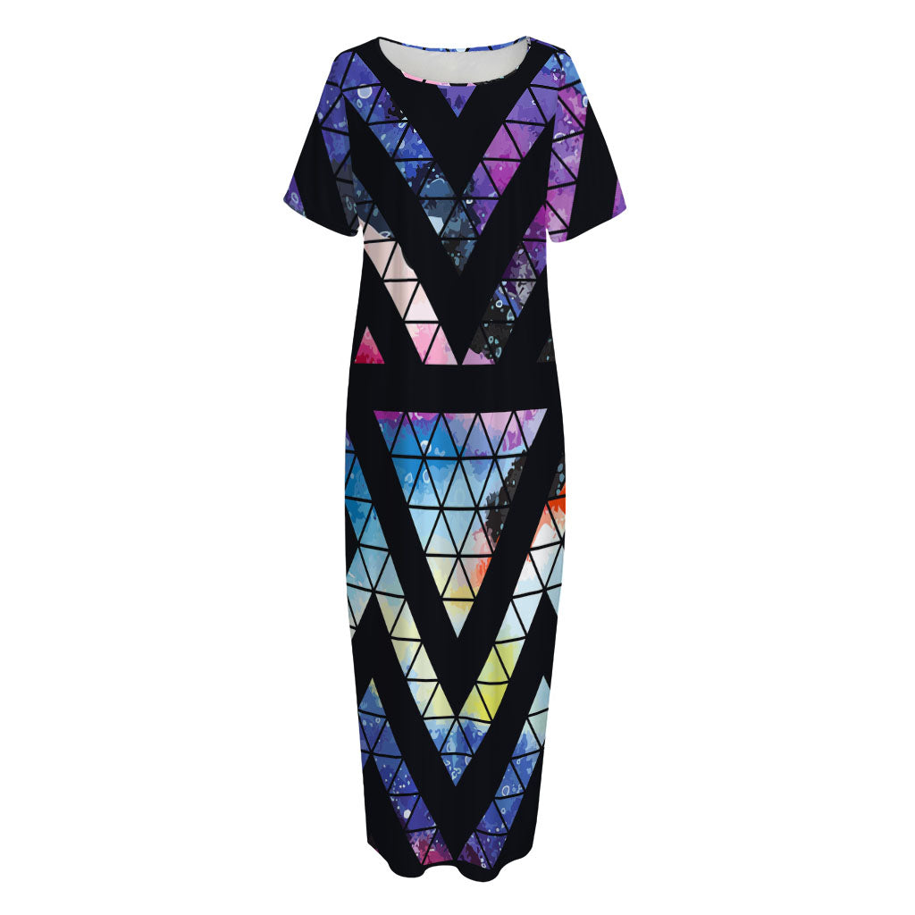 Black Triangle Galaxy Space Print Short Sleeve Long Nightdress