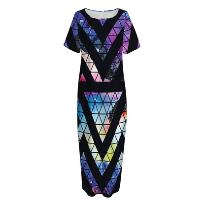 Black Triangle Galaxy Space Print Short Sleeve Long Nightdress
