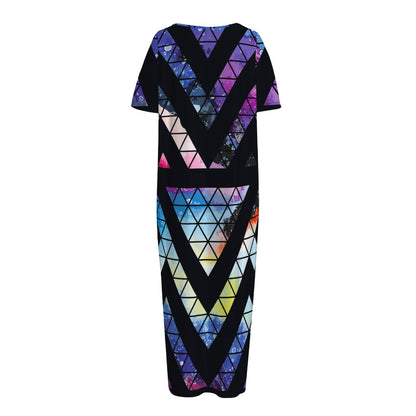 Black Triangle Galaxy Space Print Short Sleeve Long Nightdress