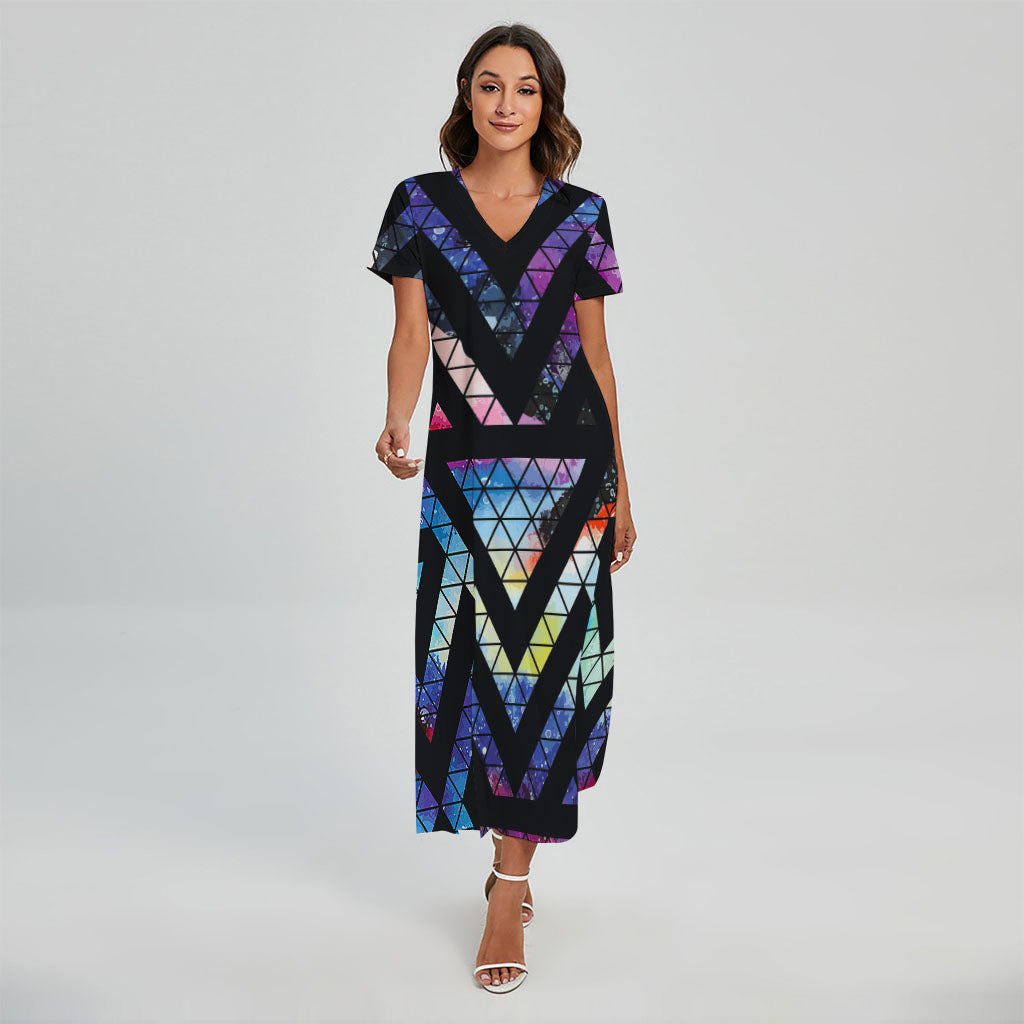 Black Triangle Galaxy Space Print Short Sleeve Maxi Dress