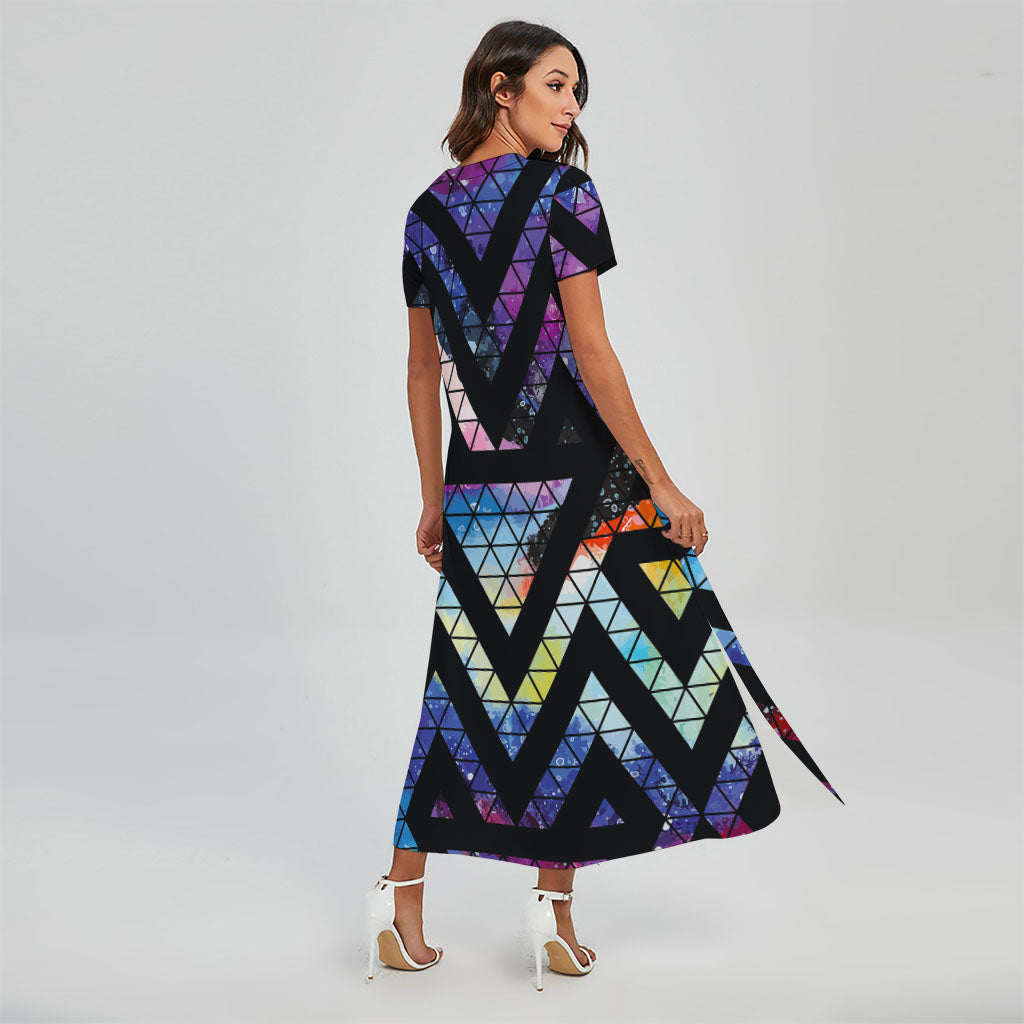 Black Triangle Galaxy Space Print Short Sleeve Maxi Dress