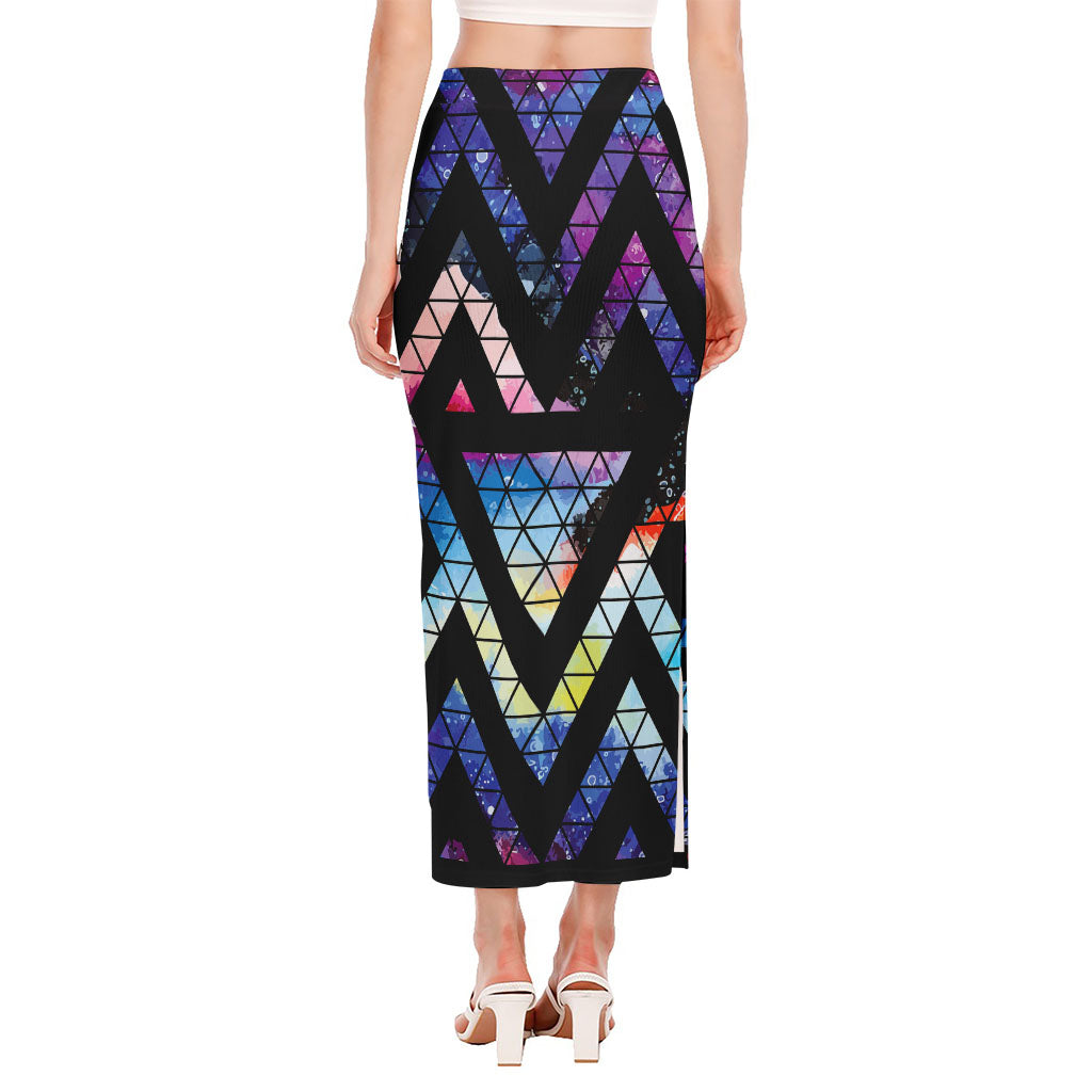 Black Triangle Galaxy Space Print Side Slit Maxi Skirt