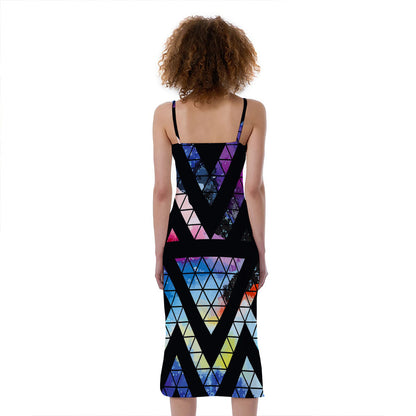 Black Triangle Galaxy Space Print Slim Fit Midi Cami Dress