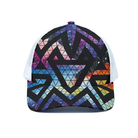 Black Triangle Galaxy Space Print White Mesh Trucker Cap