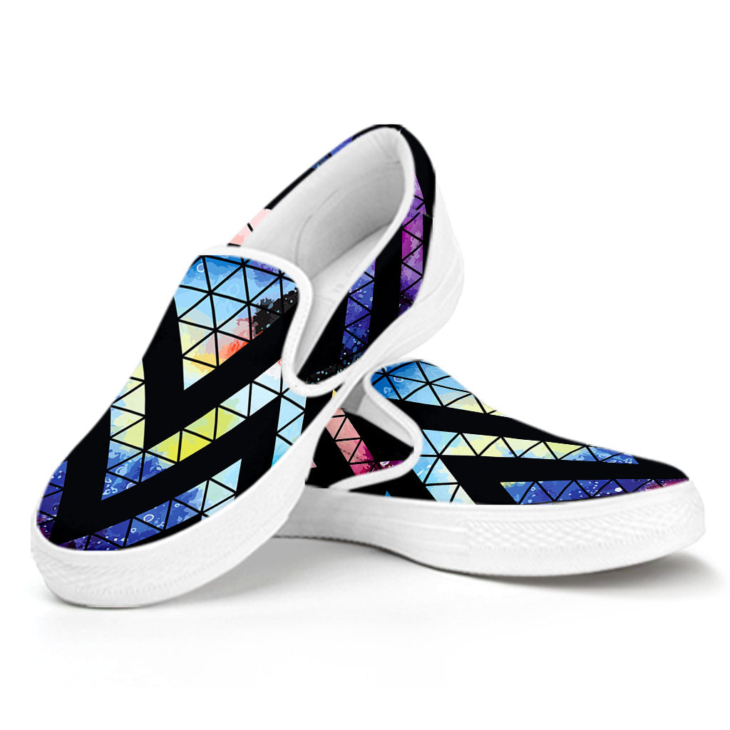 Black Triangle Galaxy Space Print White Slip On Sneakers
