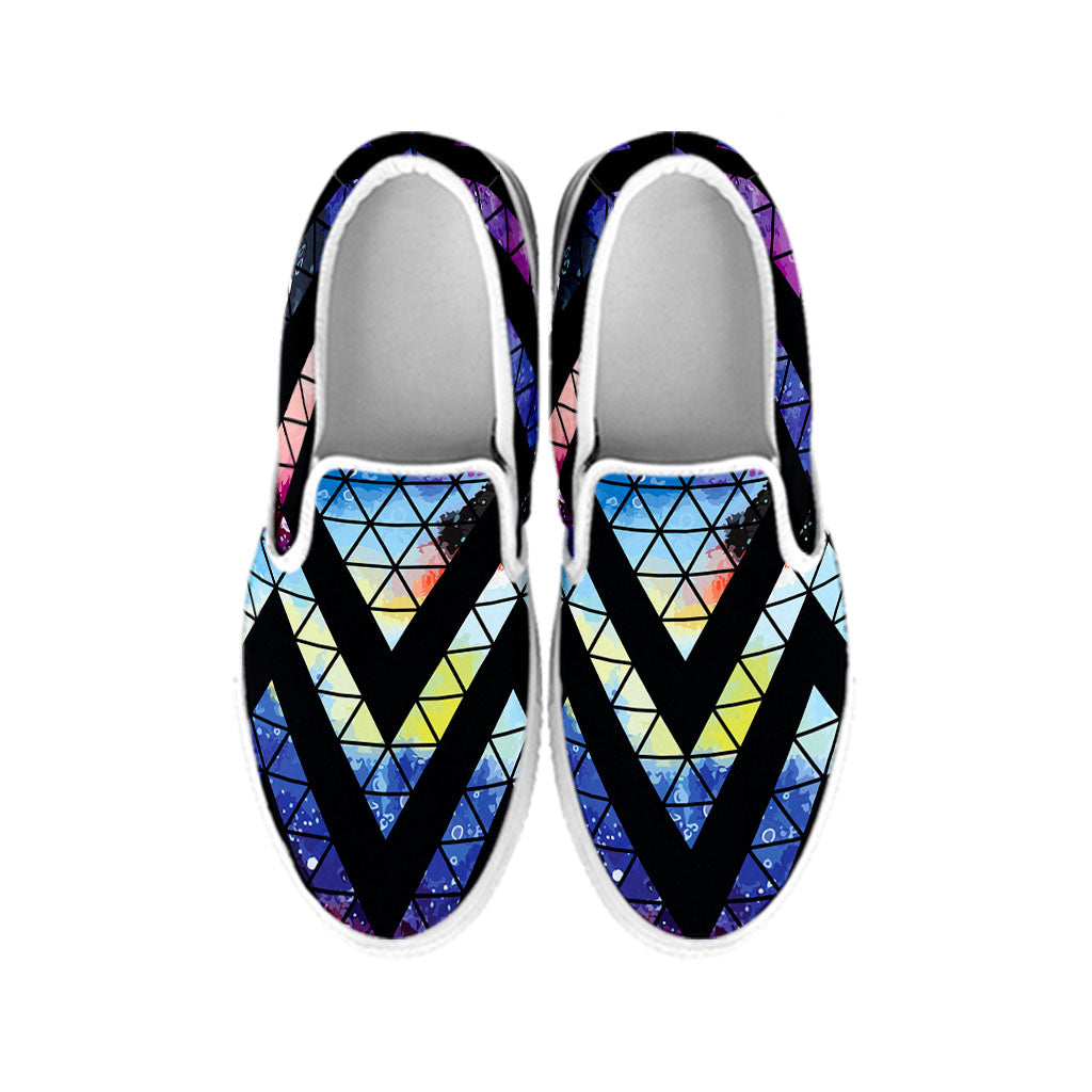 Black Triangle Galaxy Space Print White Slip On Sneakers