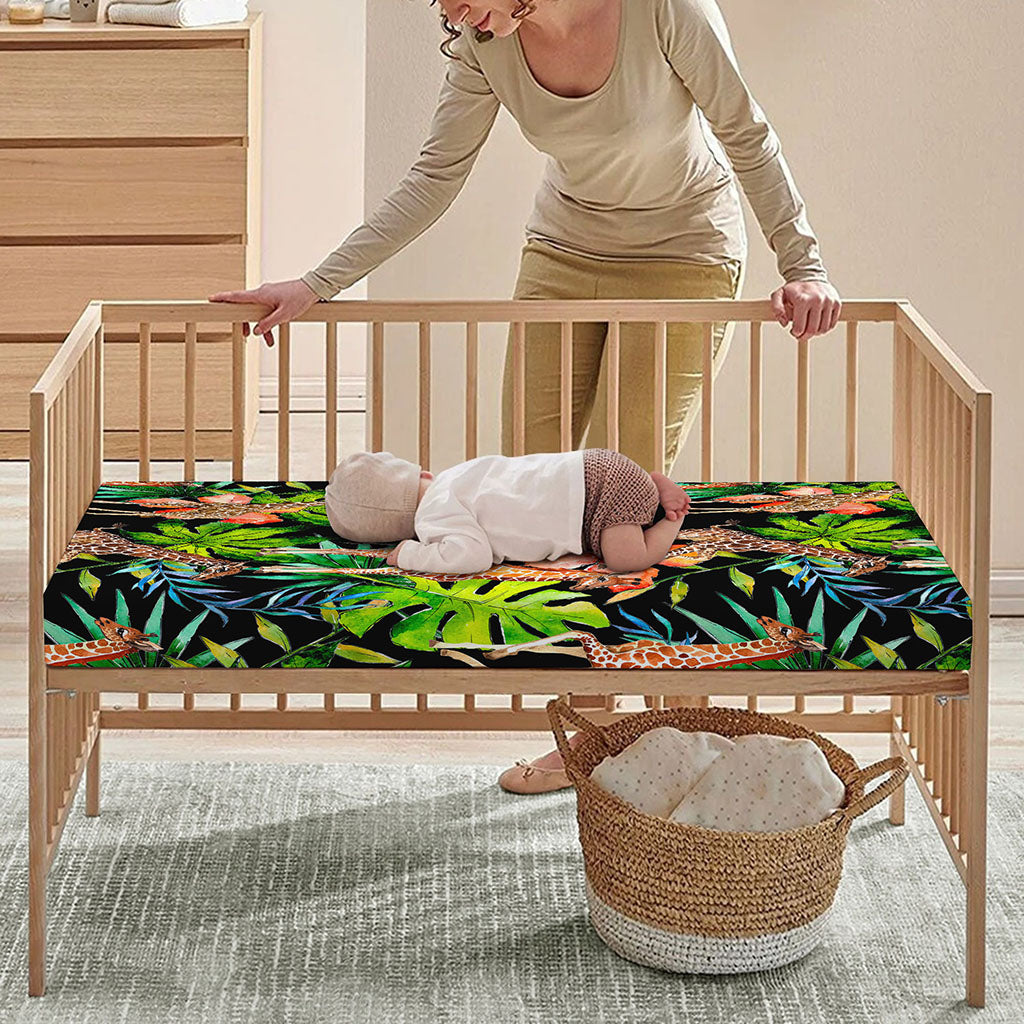 Black Tropical Giraffe Pattern Print Baby Crib Sheet