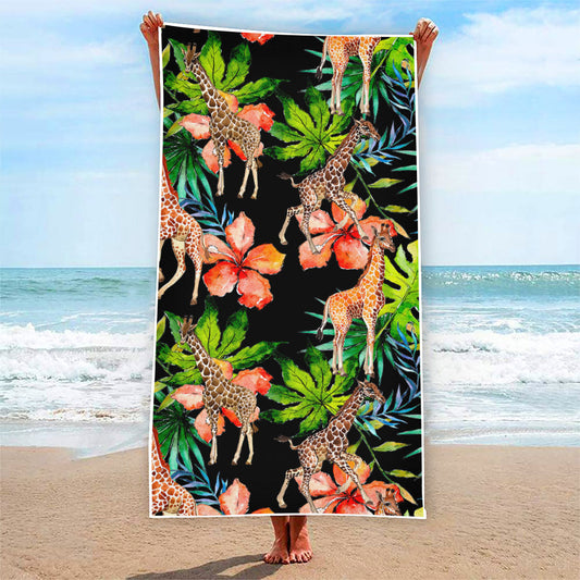 Black Tropical Giraffe Pattern Print Beach Towel
