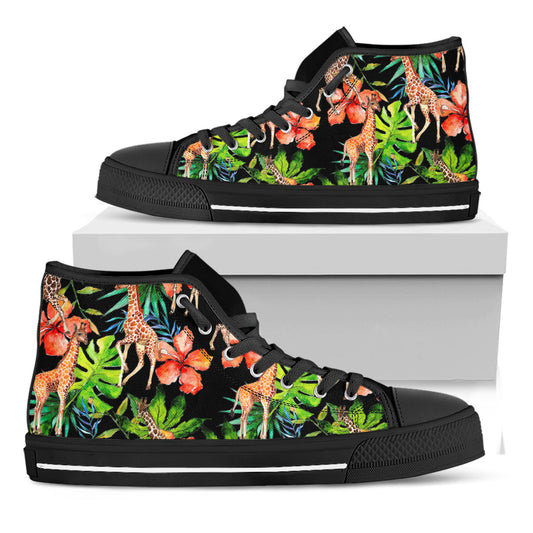 Black Tropical Giraffe Pattern Print Black High Top Sneakers